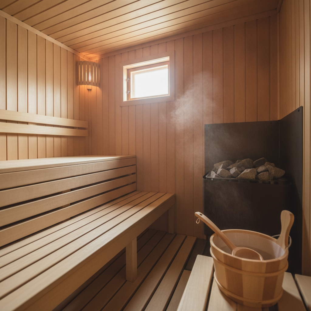 Intérieur d'un sauna finlandais en bois avec poêle à pierres chaudes, seau et louche