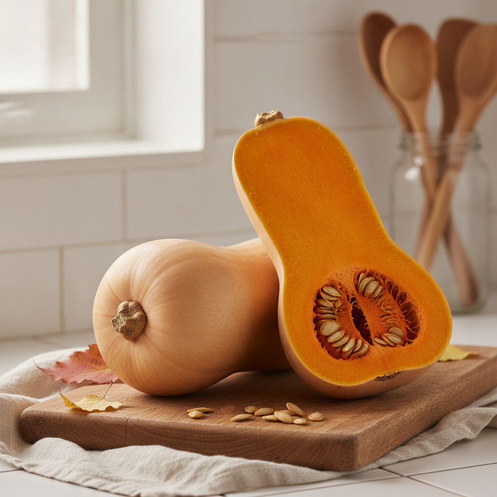 Deux courges butternut sur une planche en bois, dont une coupee en deux laissant voir la chair orange et les graines
