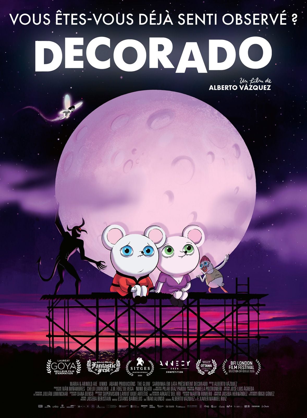 Affiche du film d'animation Decorado d'Alberto Vazquez : deux souris assises sur un echafaudage devant une lune rose