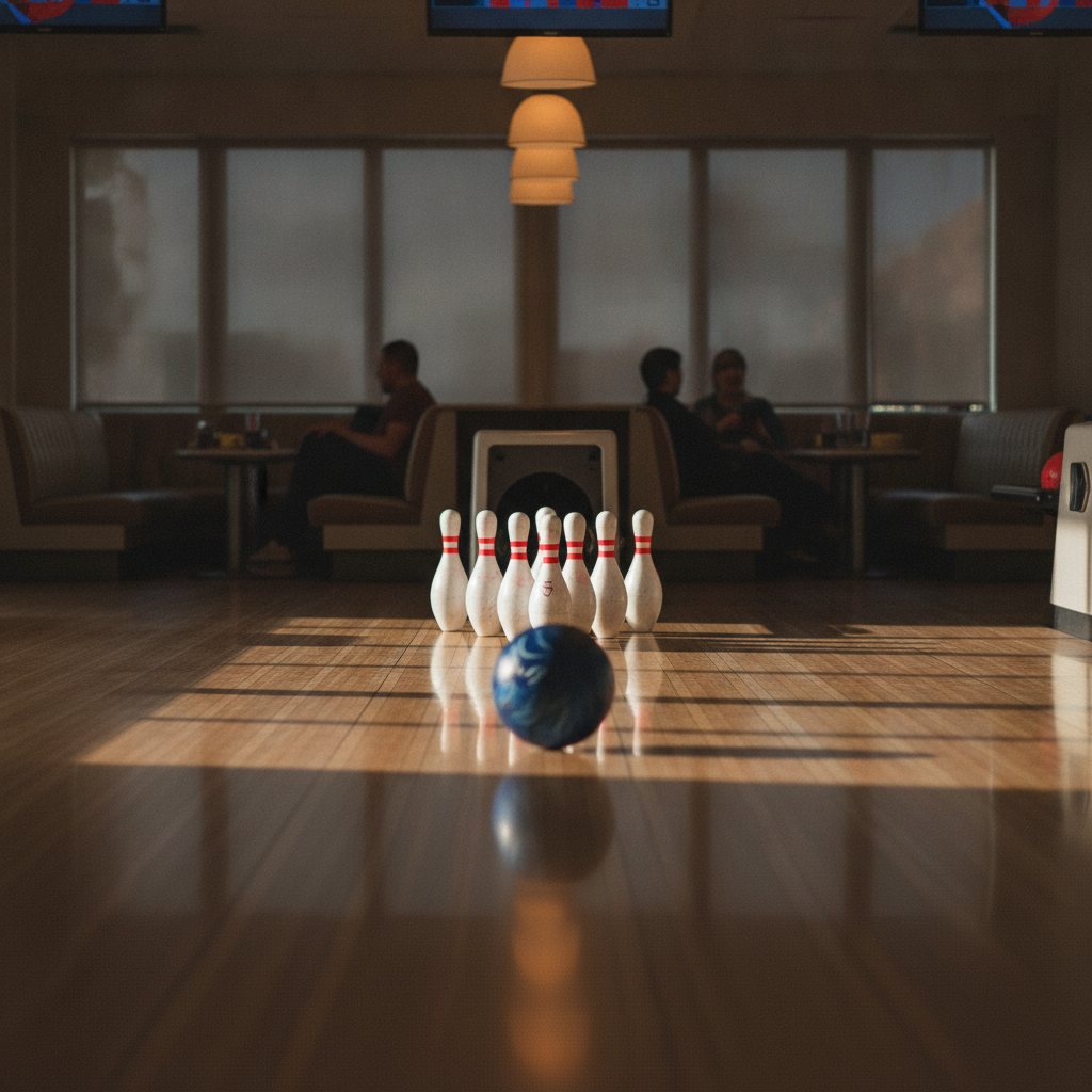 Piste de bowling avec dix quilles blanches à bandes rouges en triangle et une boule bleue qui roule