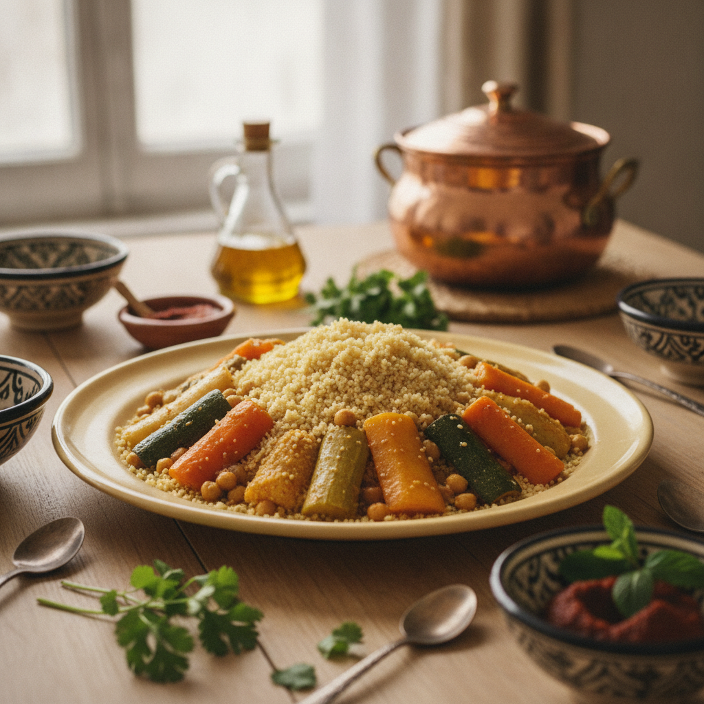 Grand plat de couscous à la semoule dorée entouré de légumes mijotés, avec un couscoussier en cuivre en arrière-plan
