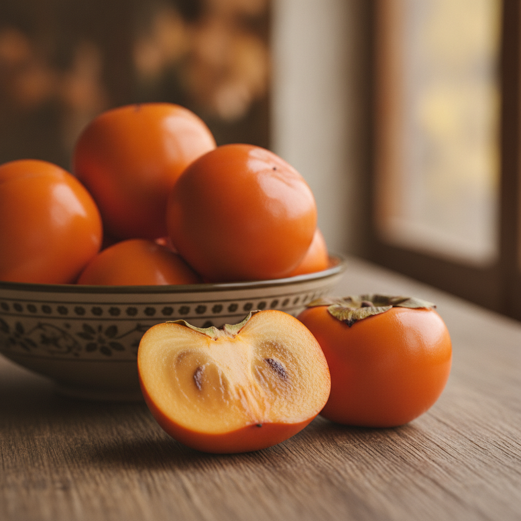 Des kakis oranges bien mûrs dans une coupe en céramique, l'un coupé en deux montrant sa chair juteuse