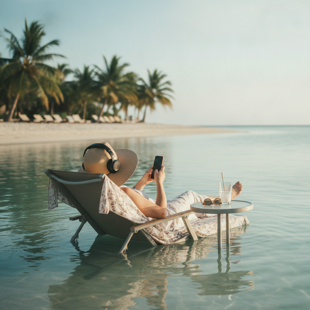 Une personne se détend sur un transat au bord de l'eau en écoutant un livre audio avec un casque et un smartphone
