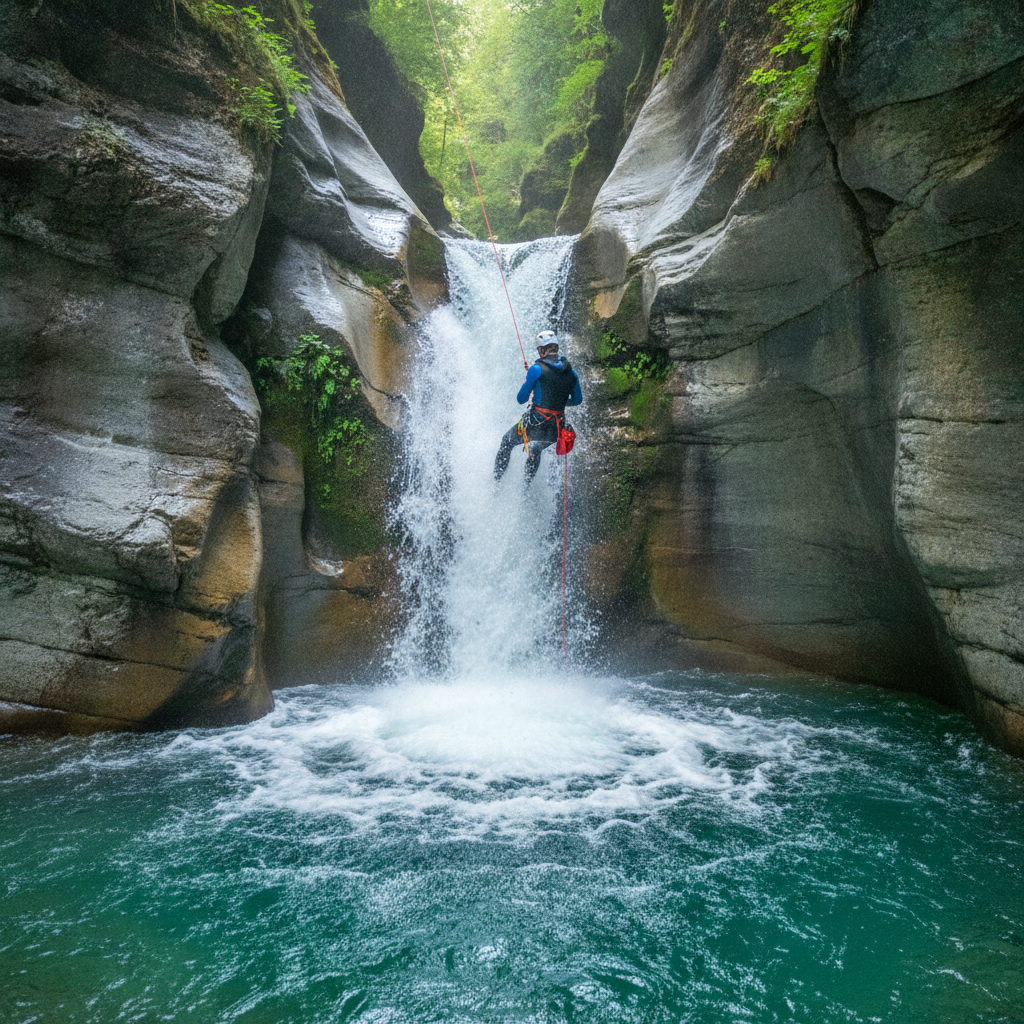 Canyoniste en combinaison néoprène descendant en rappel une cascade dans un canyon de montagne