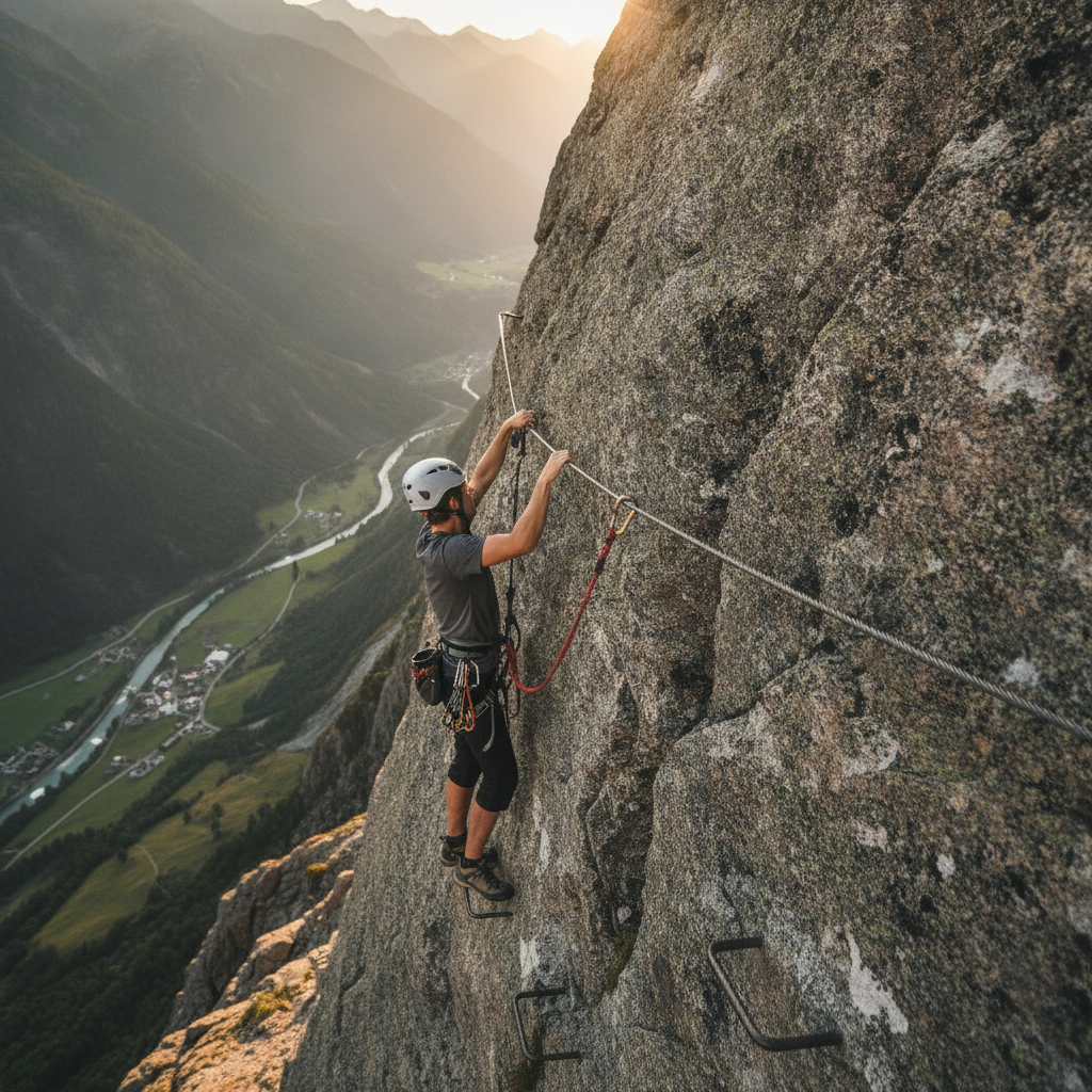 Randonneur en via ferrata progressant le long d'un cable d'acier sur une paroi rocheuse au-dessus d'une vallee alpine