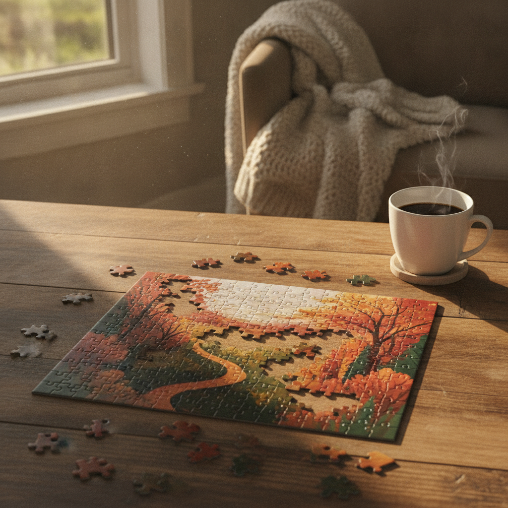 Un puzzle de paysage d'automne en cours d'assemblage sur une table en bois, à côté d'une tasse de café fumant