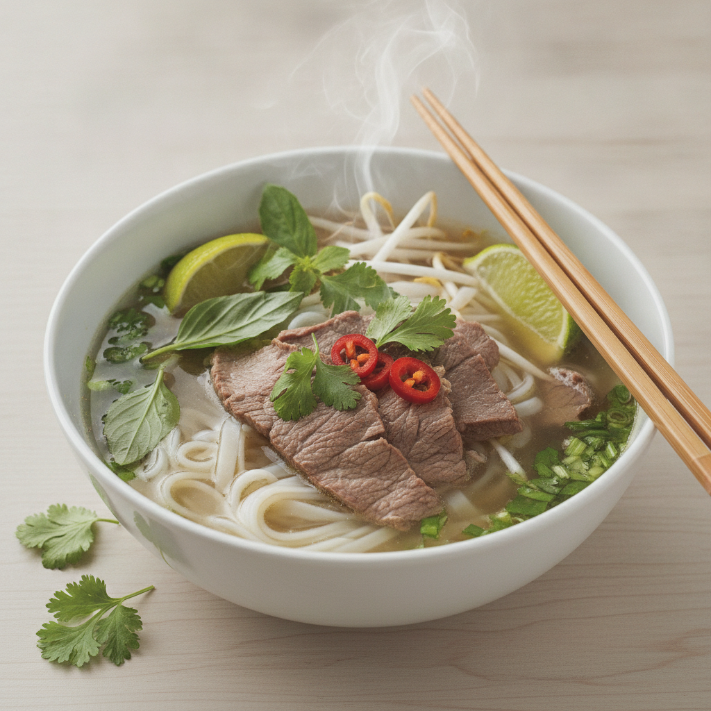 Bol fumant de phở vietnamien avec bouillon de bœuf, nouilles de riz, lamelles de bœuf, coriandre, basilic thaï, germes de soja, citron vert et piment