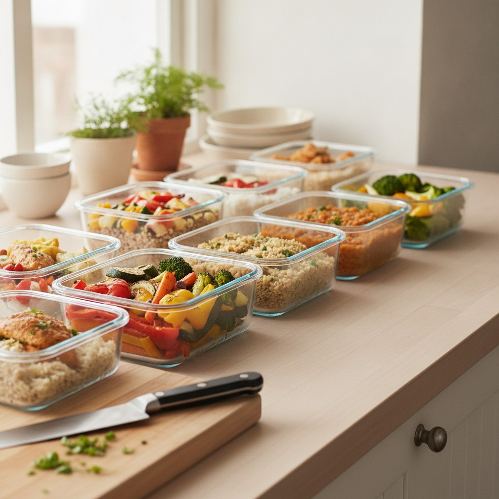 Boites en verre hermetiques remplies de repas prepares pour la semaine sur un plan de travail en bois