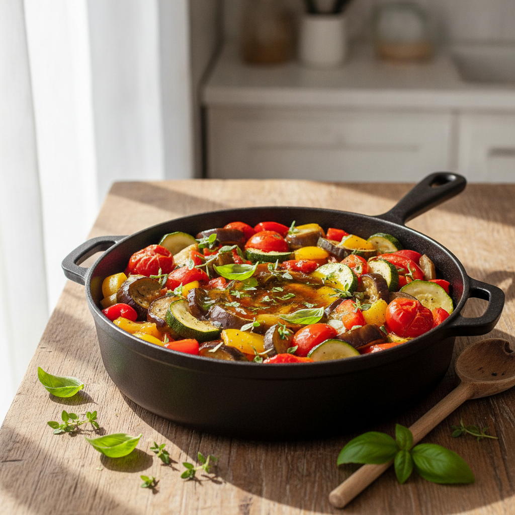 Ratatouille niçoise mijotant dans une cocotte en fonte, légumes d'été colorés