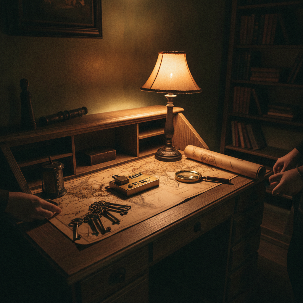 Bureau en bois d'une salle d'escape game avec cadenas a code, vieilles cles, loupe et carte ancienne eclaires par une lampe