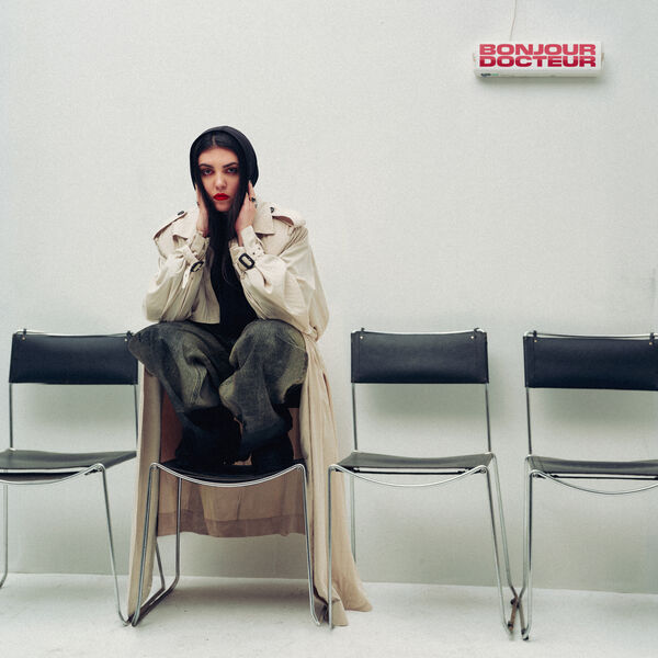 Pochette de l'album Bonjour Docteur de Hoshi : la chanteuse assise sur une chaise de salle d'attente sous une enseigne rouge