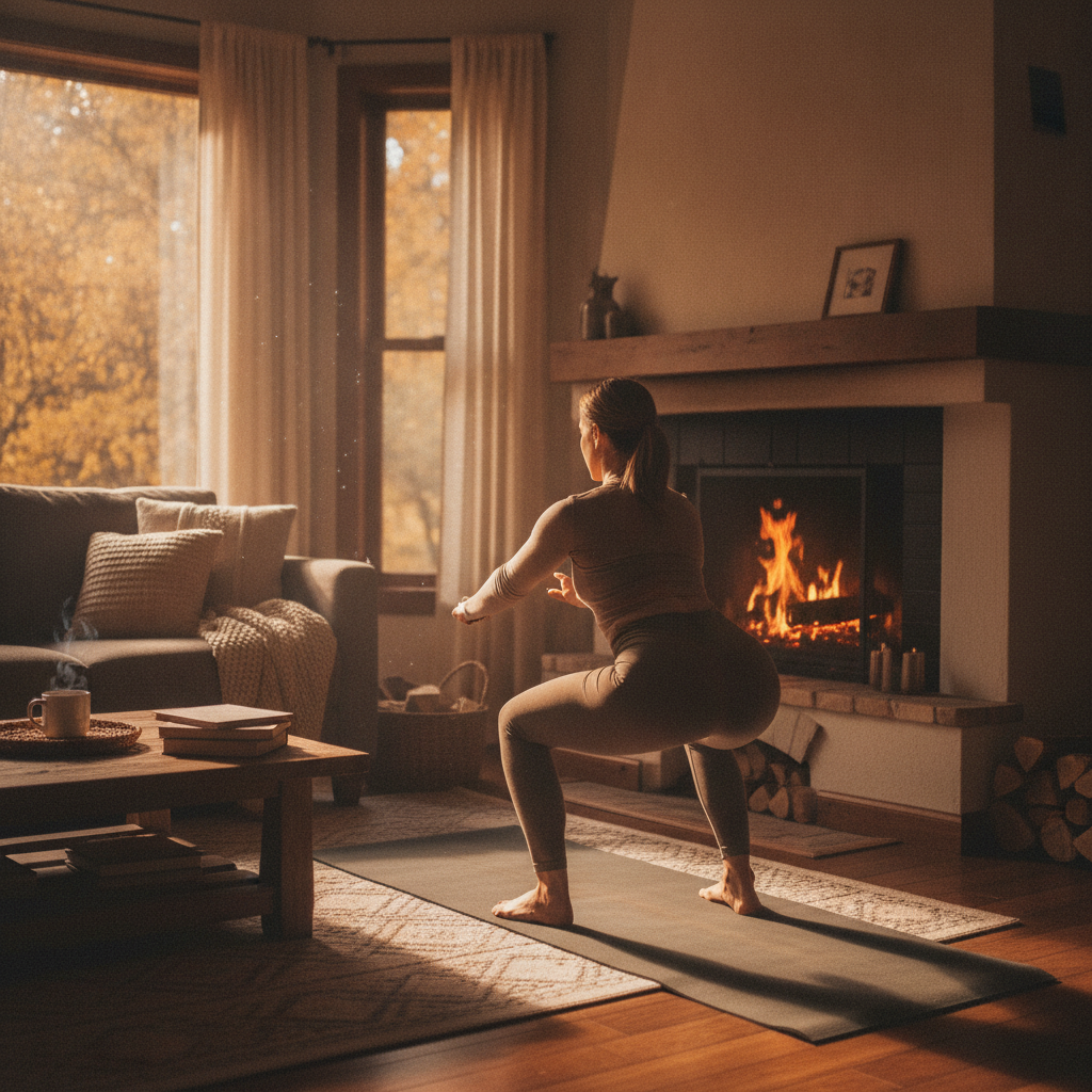 Personne faisant un squat sur un tapis dans un salon cosy en automne, cheminée allumée