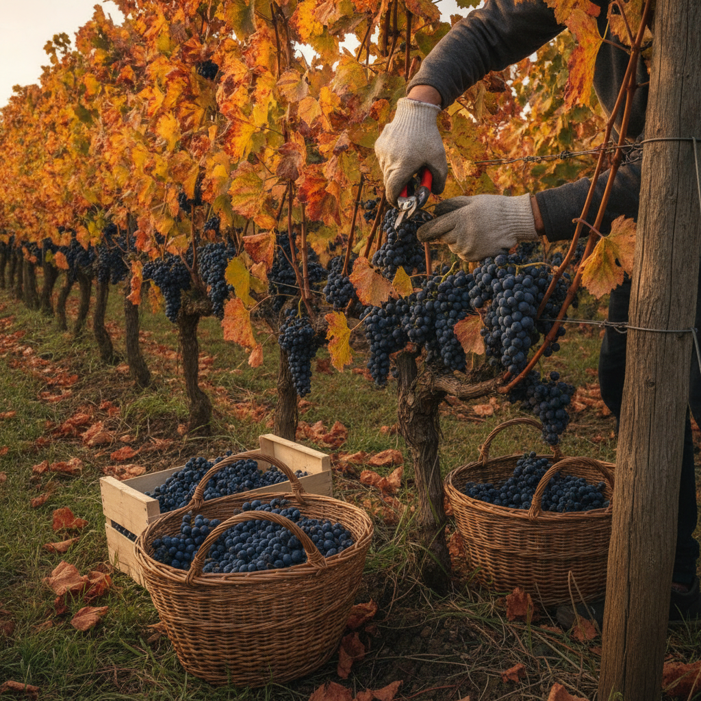 Mains gantées coupant une grappe de raisin noir au sécateur pendant les vendanges, avec des paniers de raisin, dans un vignoble aux feuilles dorées