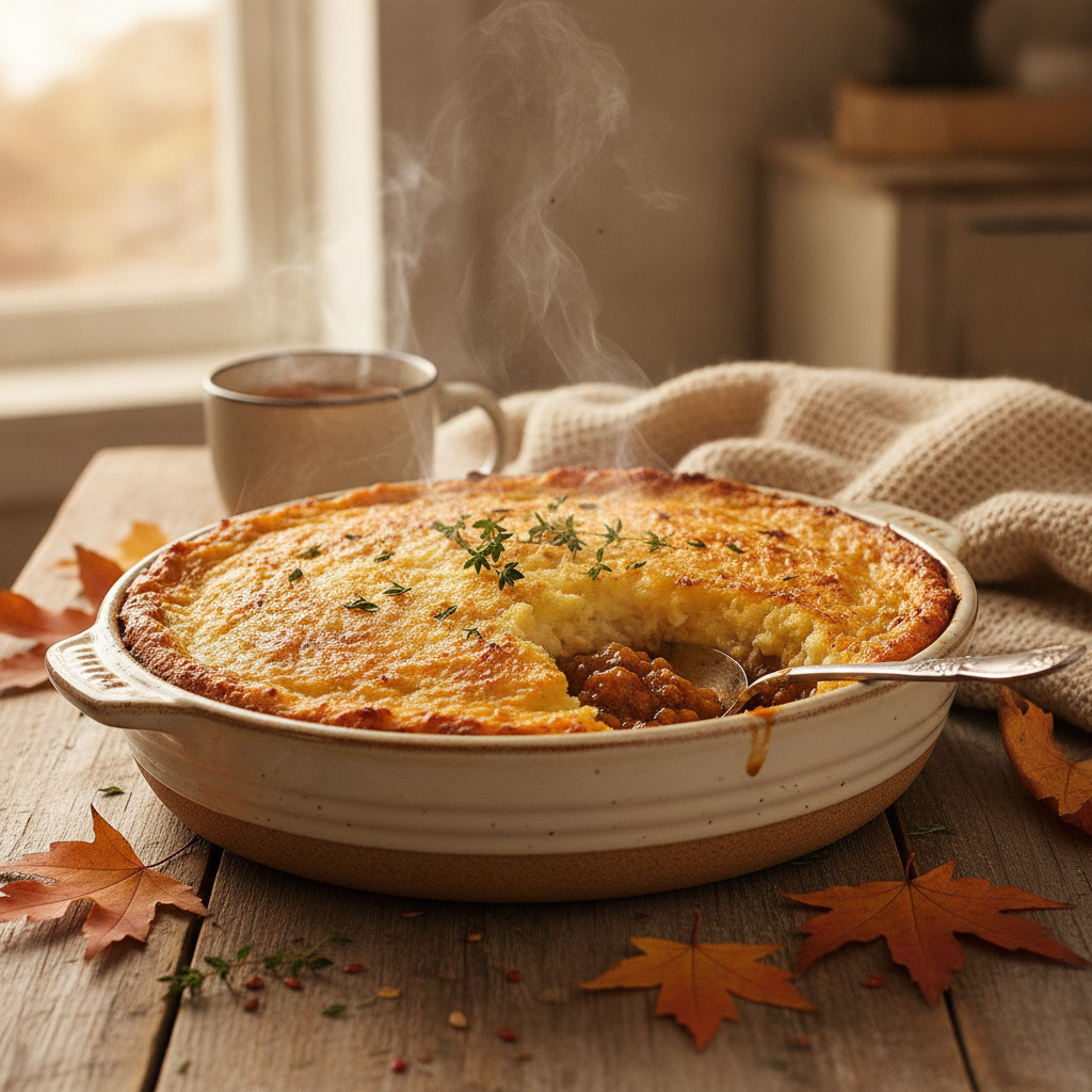 Hachis parmentier gratiné doré dans un plat en céramique, une cuillère dévoilant la viande sous la purée