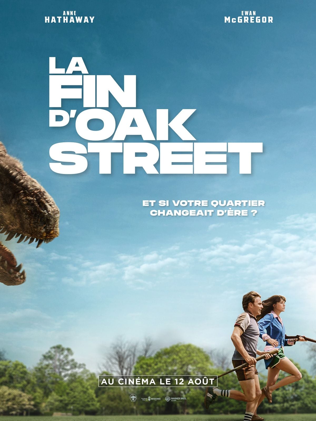 Affiche officielle du film La Fin d'Oak Street avec Anne Hathaway et Ewan McGregor fuyant un dinosaure