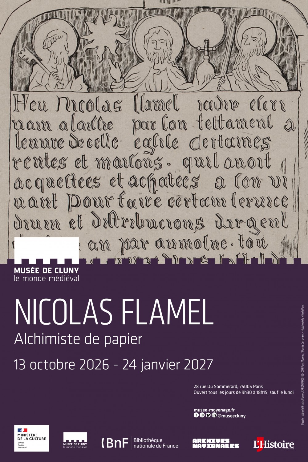 Affiche de l'exposition Nicolas Flamel, alchimiste de papier au musée de Cluny, 13 octobre 2026 au 24 janvier 2027