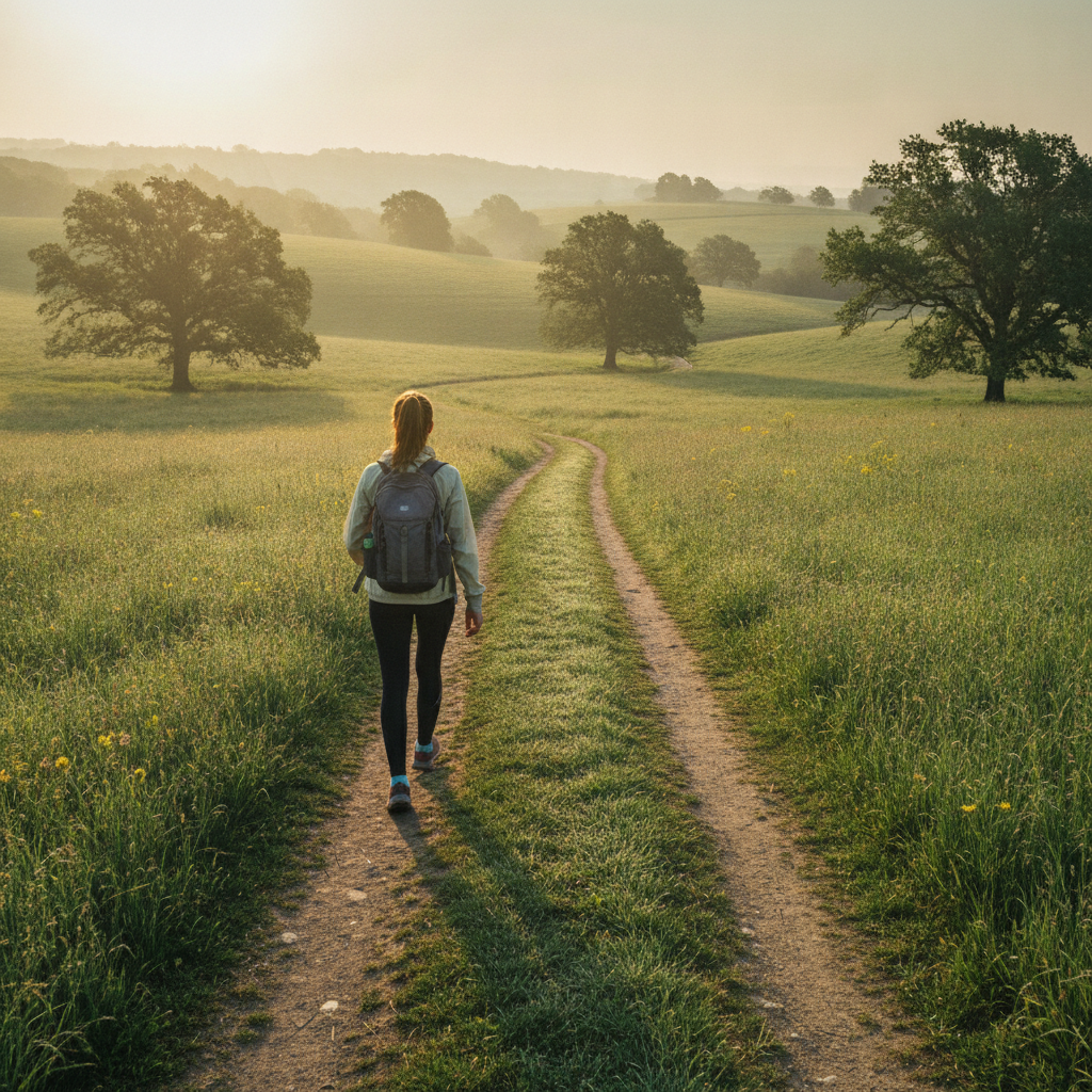 Personne de dos marchant avec un sac à dos sur un sentier de campagne au lever du jour
