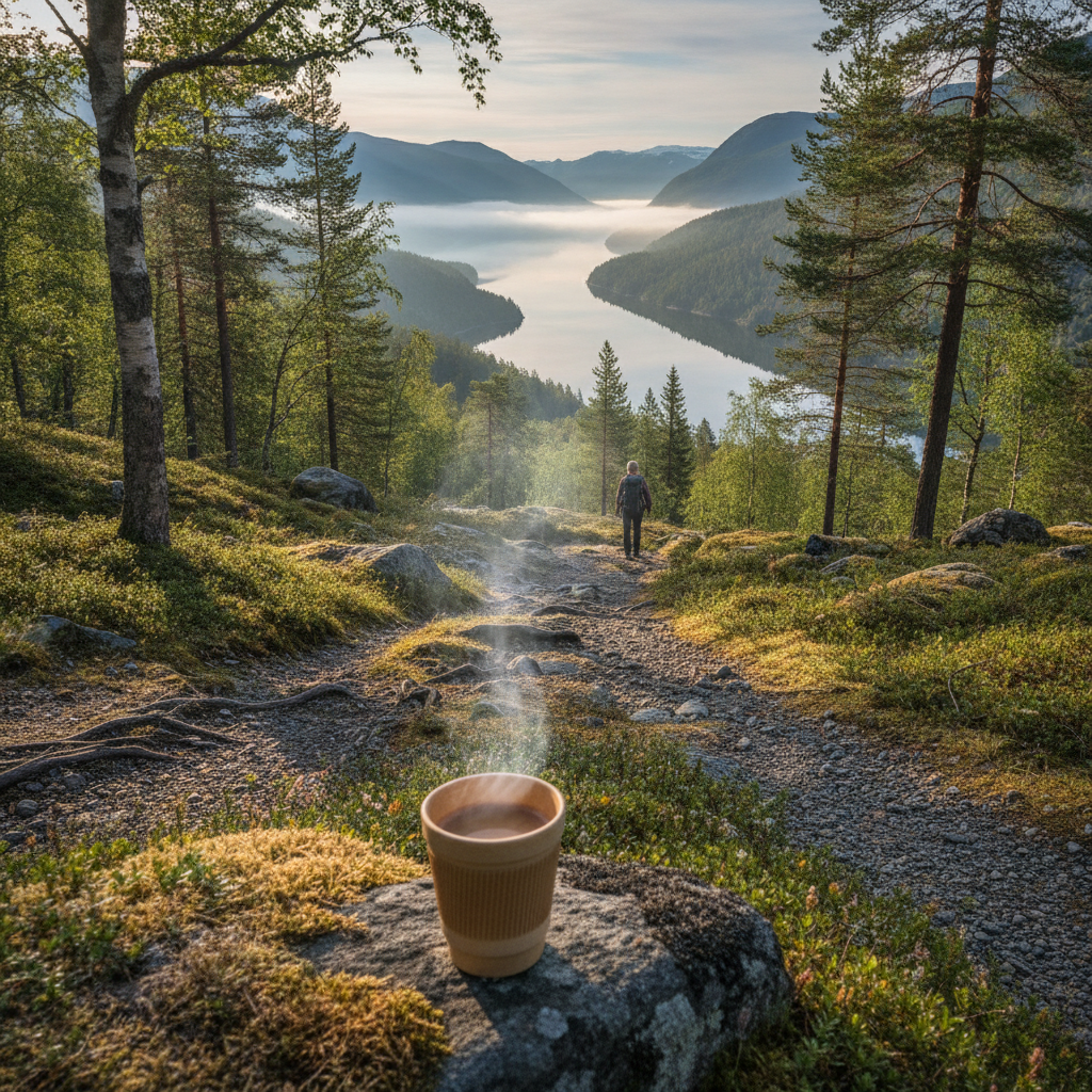 Sentier de randonnee dans une foret nordique surplombant un fjord au petit matin, un gobelet de cafe fumant pose sur une pierre au premier plan