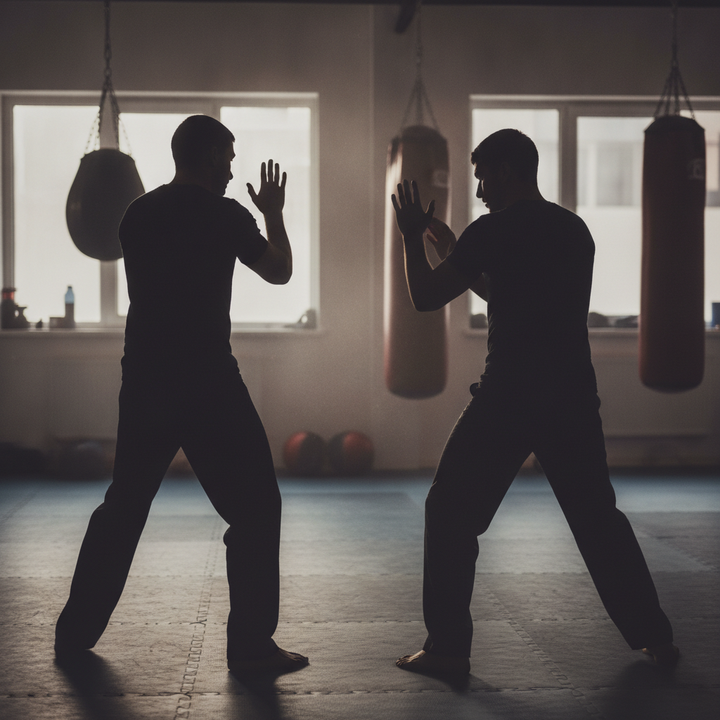 Deux pratiquants de krav maga en position de garde dans une salle d'entraînement