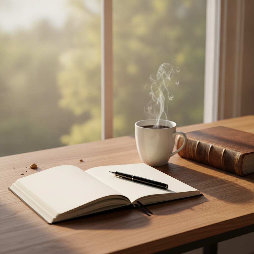 Un carnet ouvert, un stylo, une tasse de café fumante et un vieux livre relié sur un bureau en bois près d'une fenêtre, lumière douce du matin