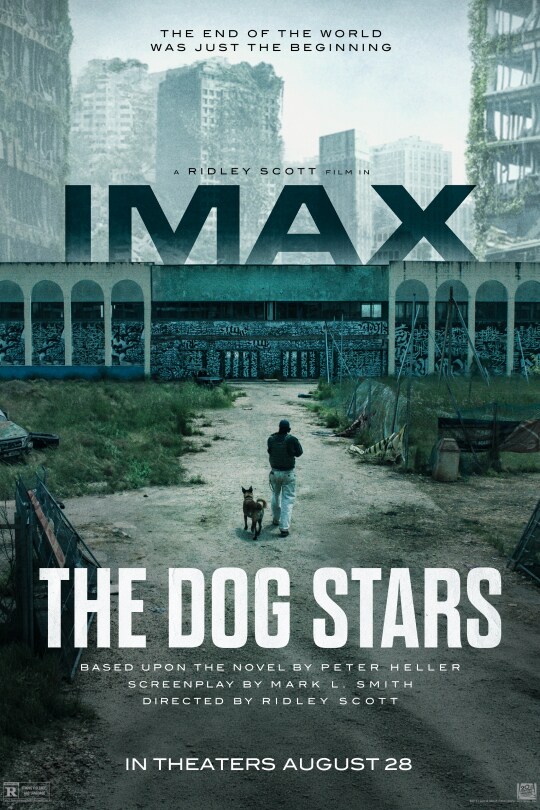 Affiche officielle du film The Dog Stars de Ridley Scott : un homme et son chien marchent dans une ville abandonnée envahie par la végétation