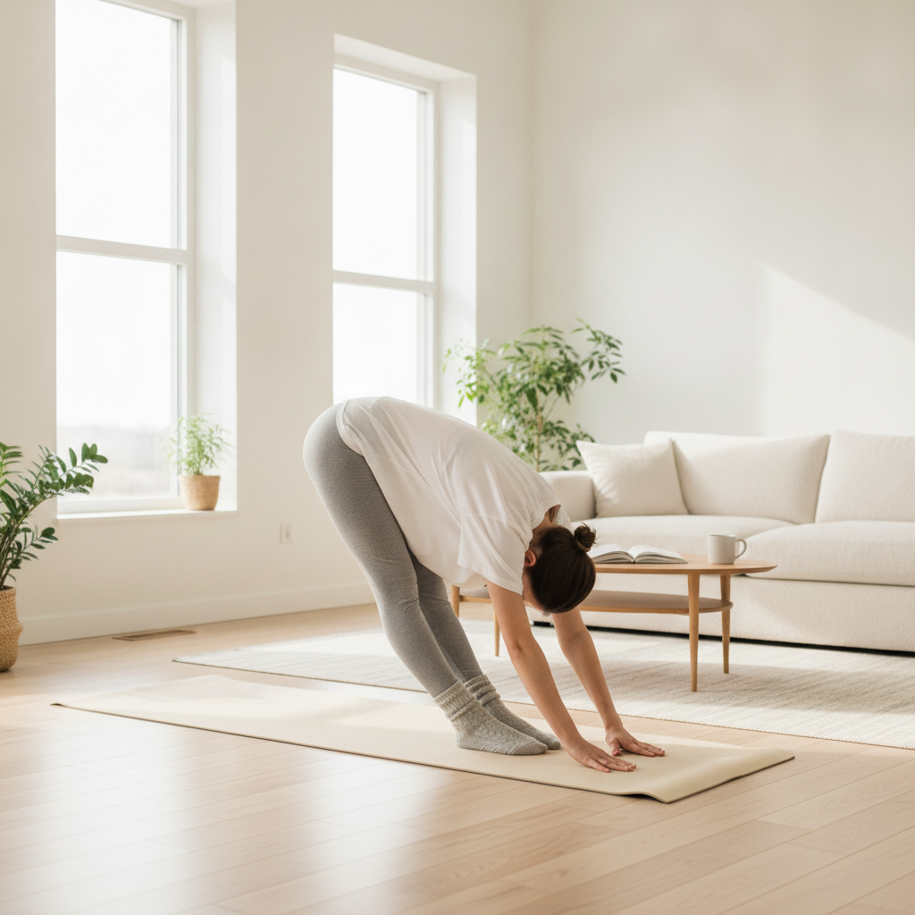 Personne réalisant un étirement doux sur un tapis dans un salon lumineux