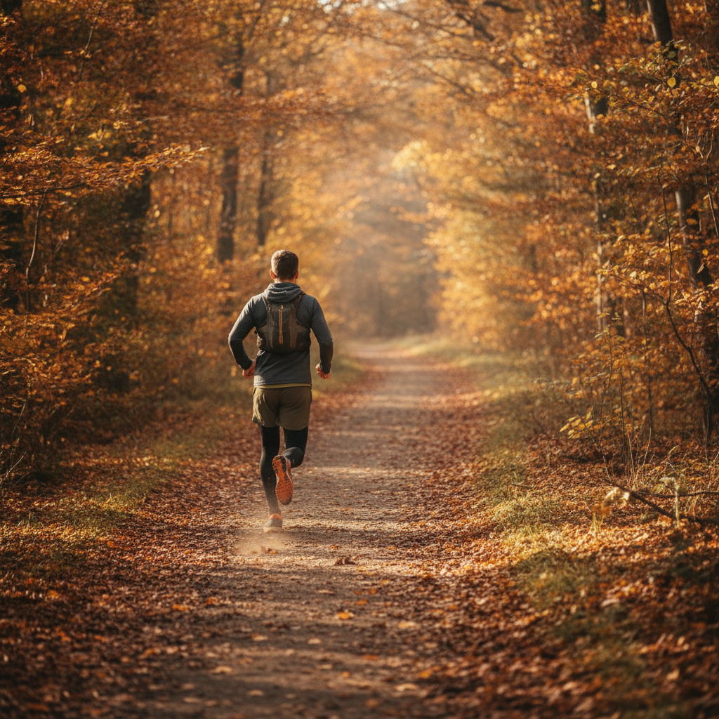 Un coureur de dos sur un sentier forestier aux couleurs d'automne