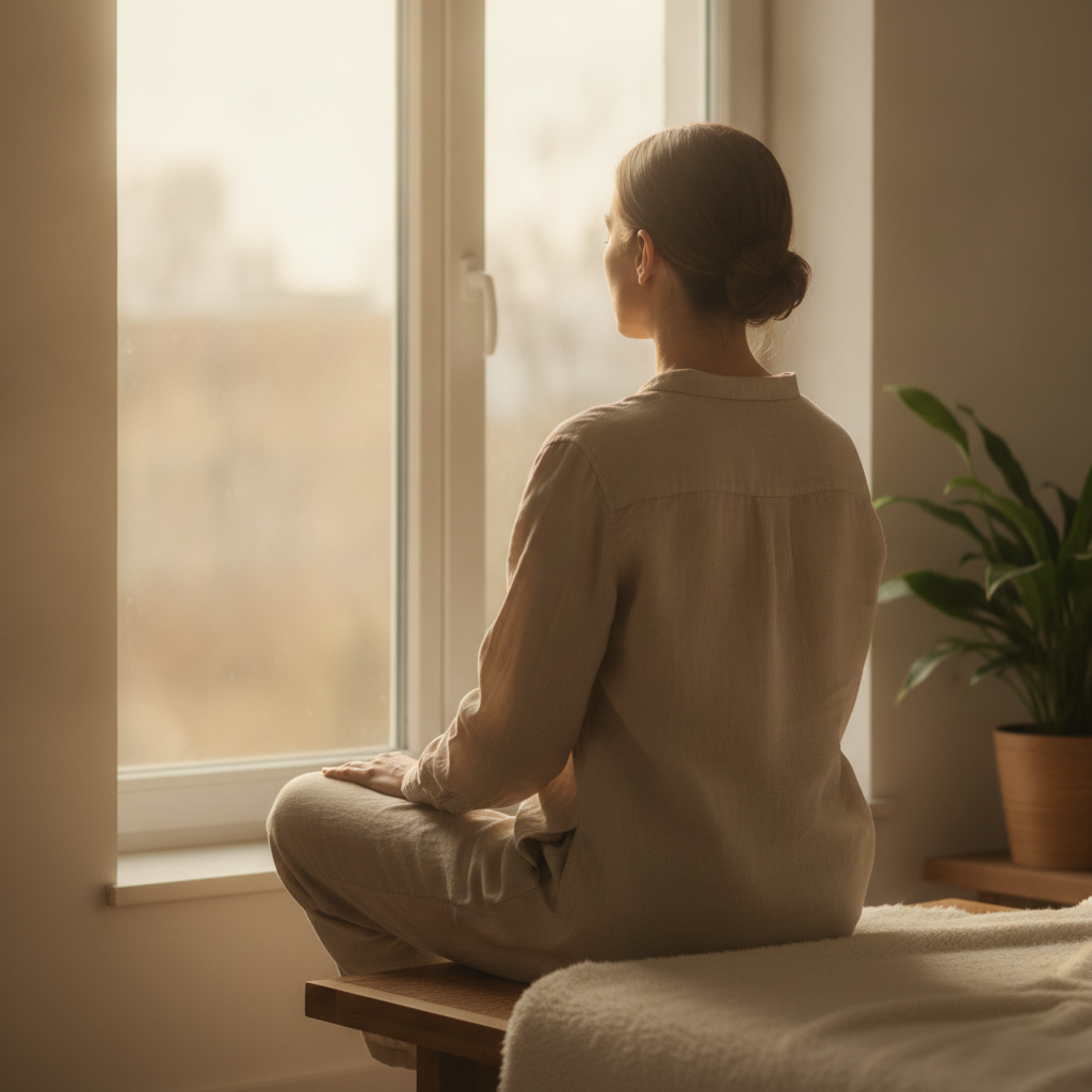 Personne assise de dos qui respire calmement pres d'une fenetre baignee de lumiere douce