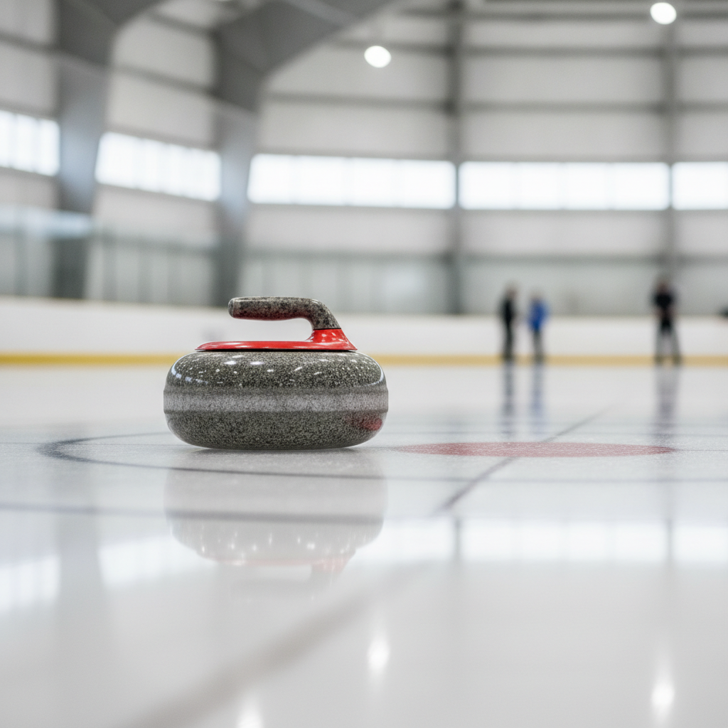Pierre de curling en granit a poignee rouge posee sur la piste de glace d'une patinoire