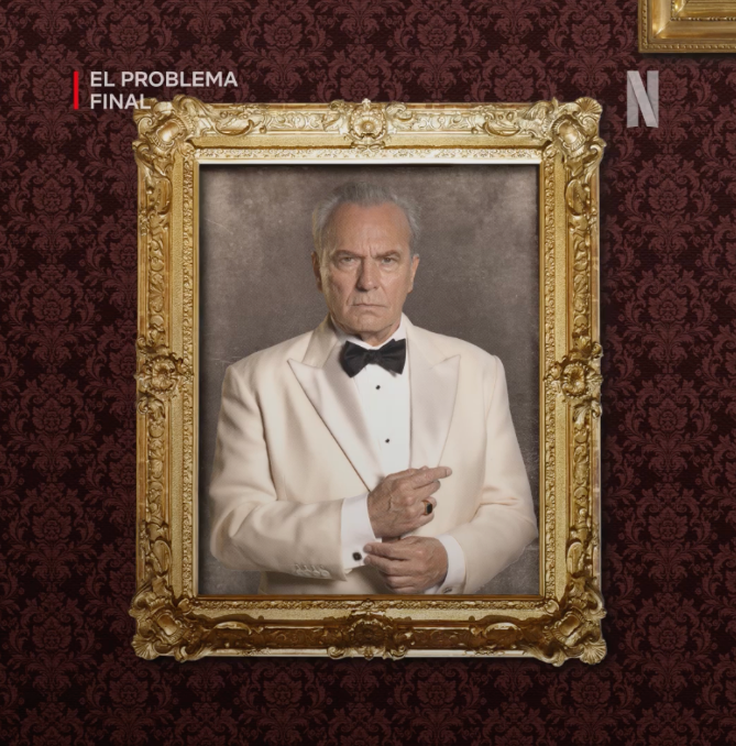 Affiche officielle de la mini-série El problema final : José Coronado en smoking blanc dans un cadre doré, sur fond bordeaux, logo Netflix