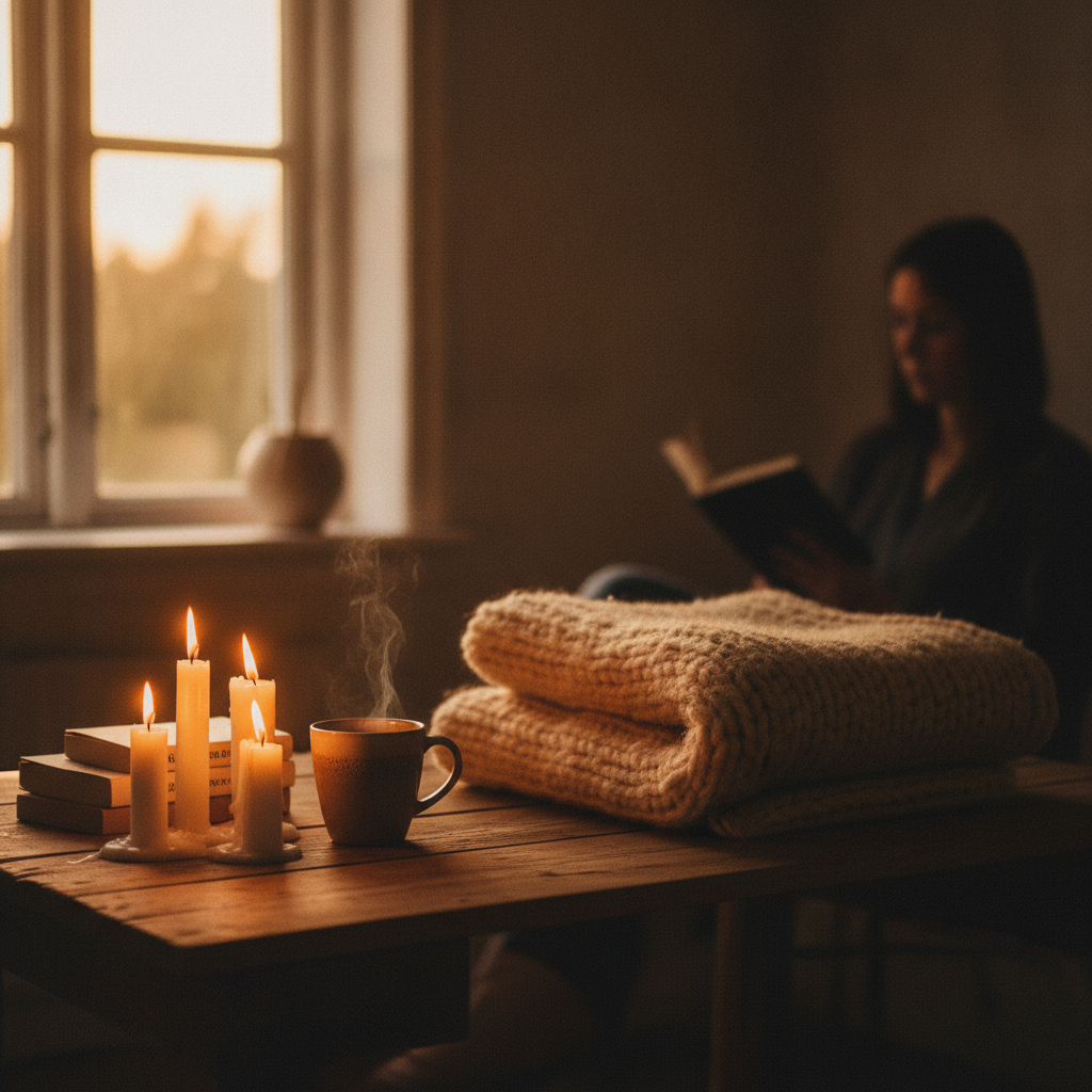 Bougies allumees, couverture en laine et tasse fumante dans une lumiere chaude, ambiance hygge