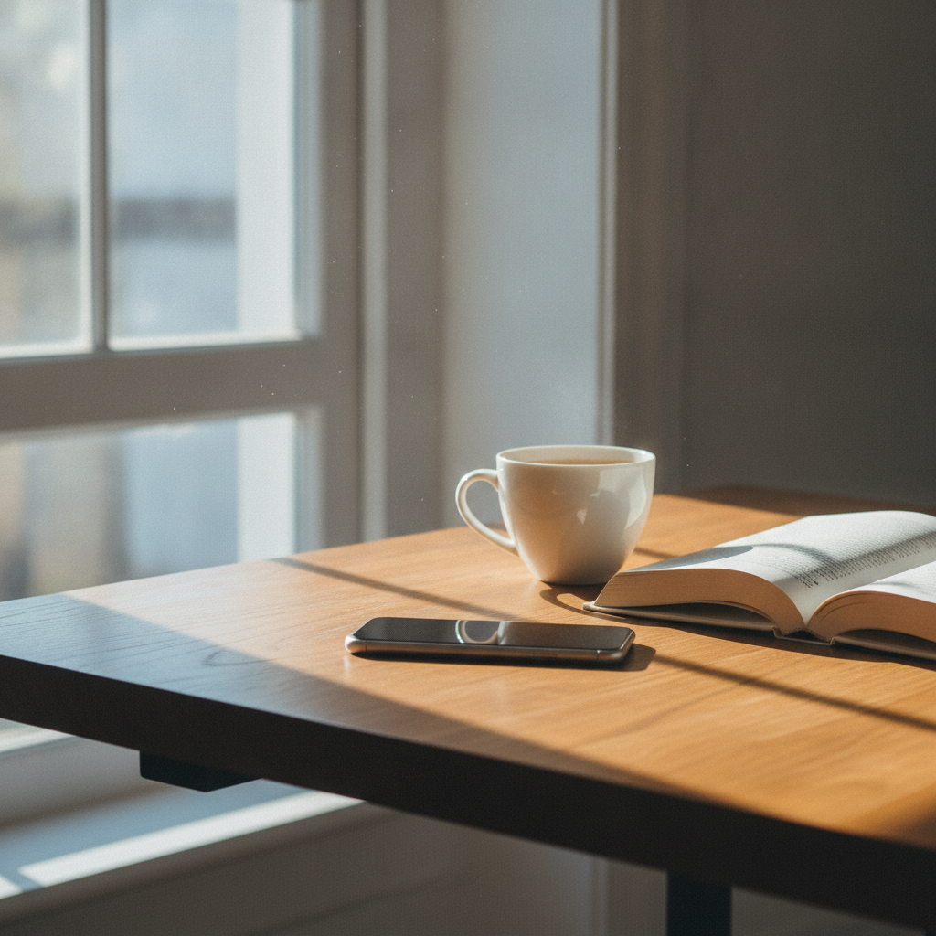 Un smartphone posé écran vers le bas sur une table en bois, à côté d'une tasse de café et d'un livre ouvert, dans la lumière douce du matin