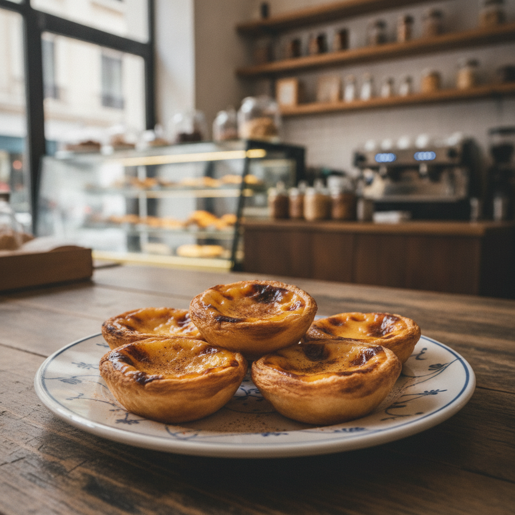 Pastéis de nata dorés au dessus caramélisé, saupoudrés de cannelle, sur une assiette dans une pâtisserie
