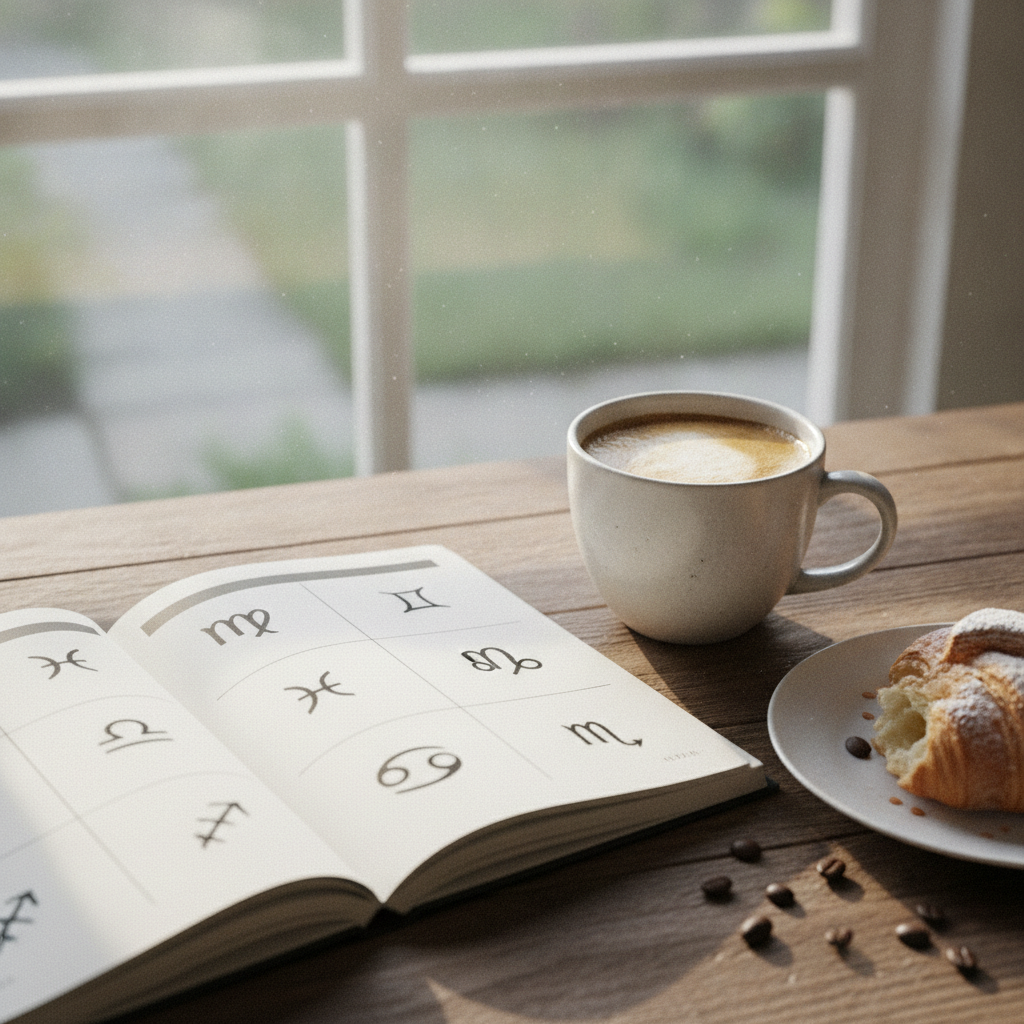 Journal ouvert sur une rubrique horoscope avec symboles du zodiaque, à côté d'une tasse de café et d'un croissant dans la lumière du matin