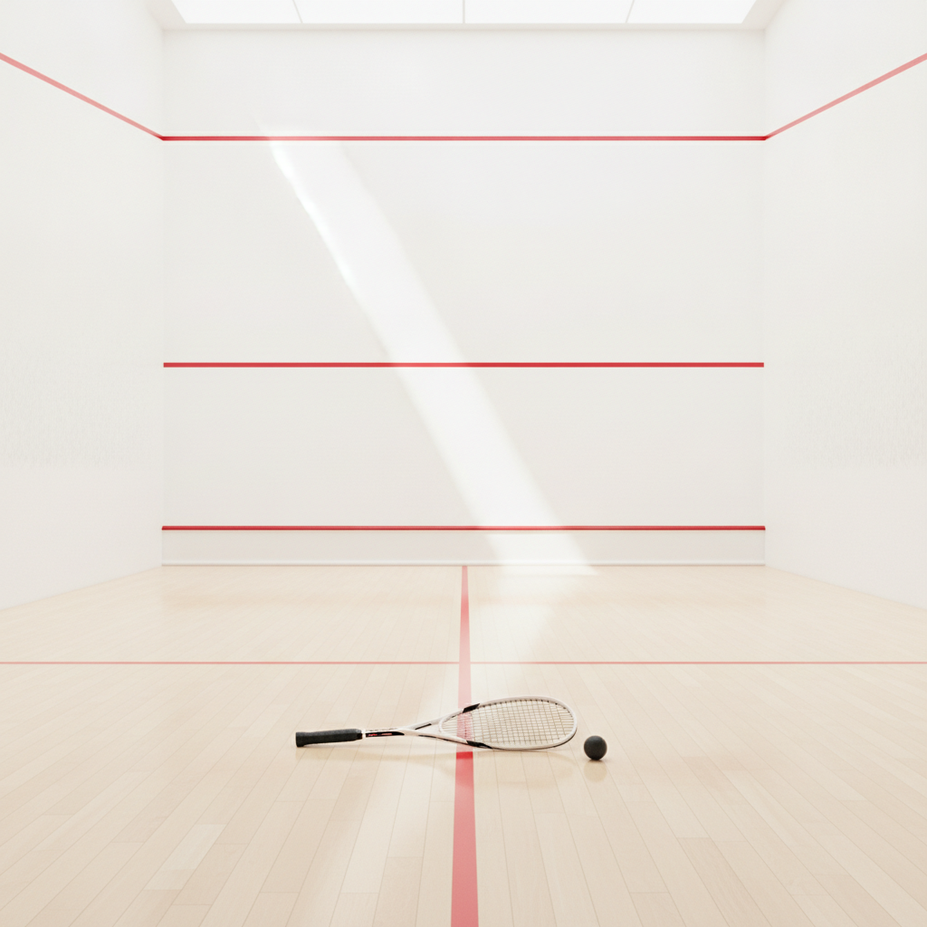 Court de squash moderne aux murs blancs et lignes rouges, une raquette et une petite balle noire posées sur le parquet