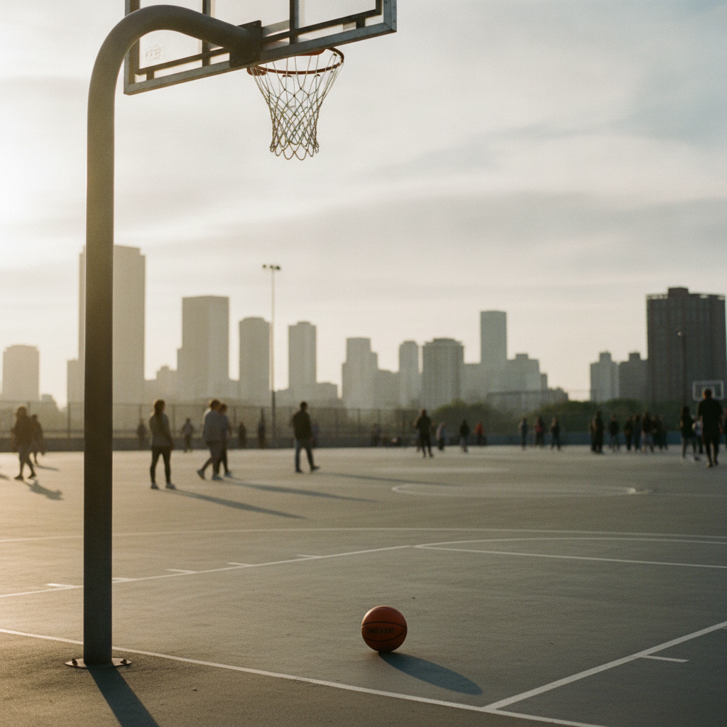 Terrain de basket extérieur en ville en fin d'après-midi, un ballon orange posé sur le bitume sous le panier