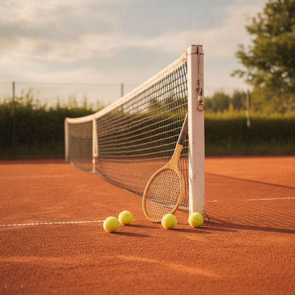 Court de tennis en terre battue ensoleillé avec une raquette et des balles jaunes près du filet