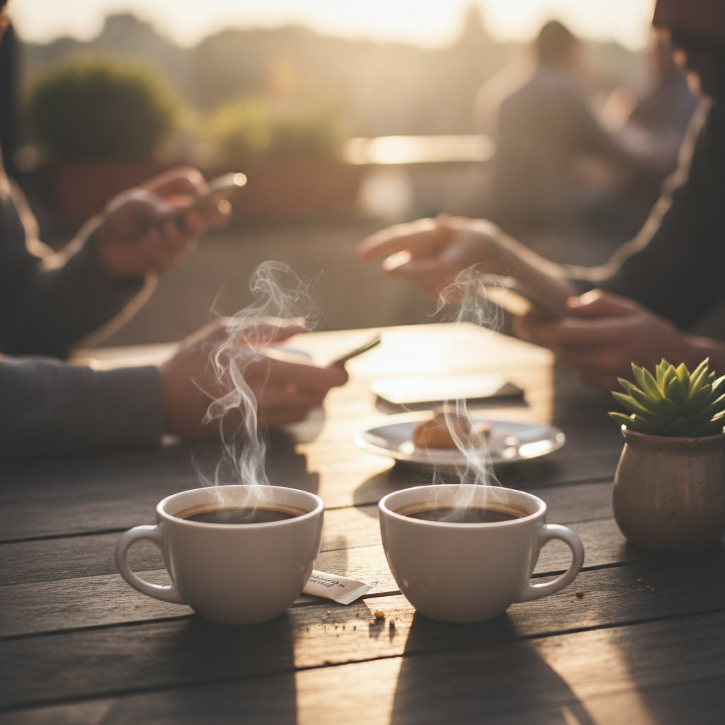 Deux tasses de cafe fumantes sur une table en bois d'une terrasse ensoleillee, mains floues en arriere-plan