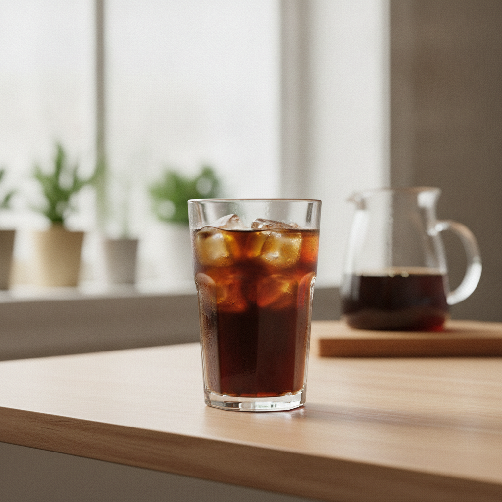 Grand verre de cold brew avec glaçons et carafe de café froid sur une table en bois, lumière du matin