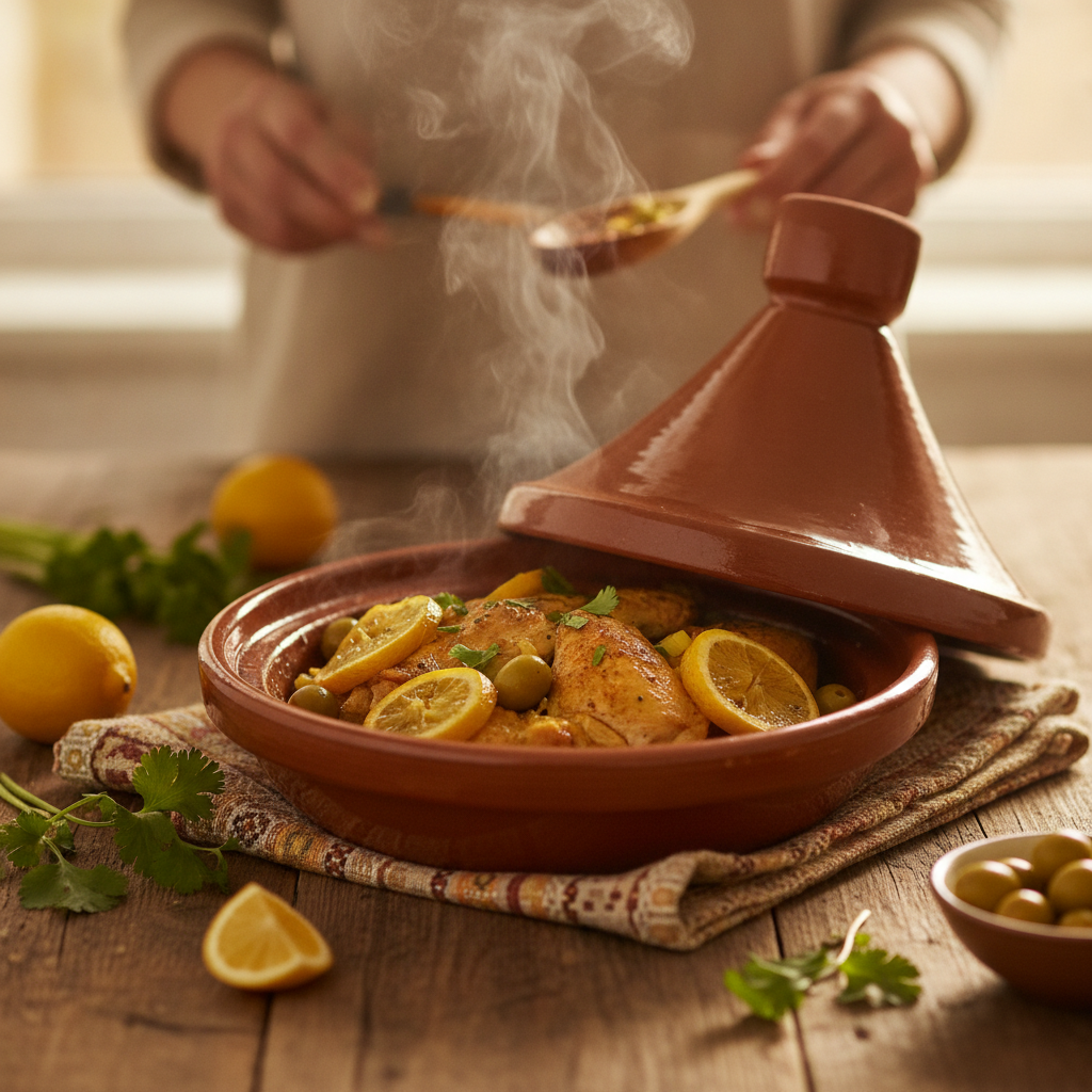 Tajine marocain en terre cuite à couvercle conique, poulet aux citrons confits et olives, vapeur qui s'échappe