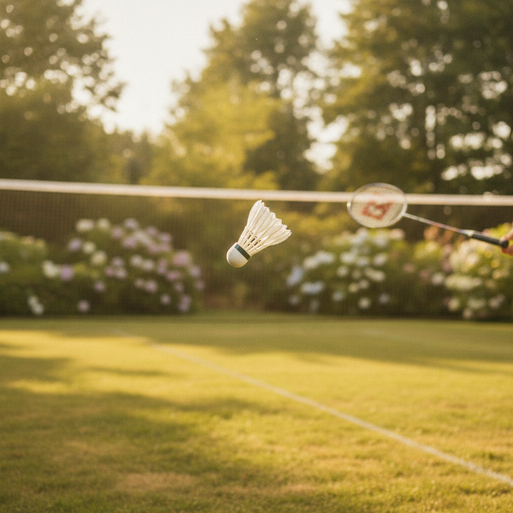 Un volant de badminton en vol au-dessus d'un filet dans un jardin ensoleille, une raquette floue en arriere-plan