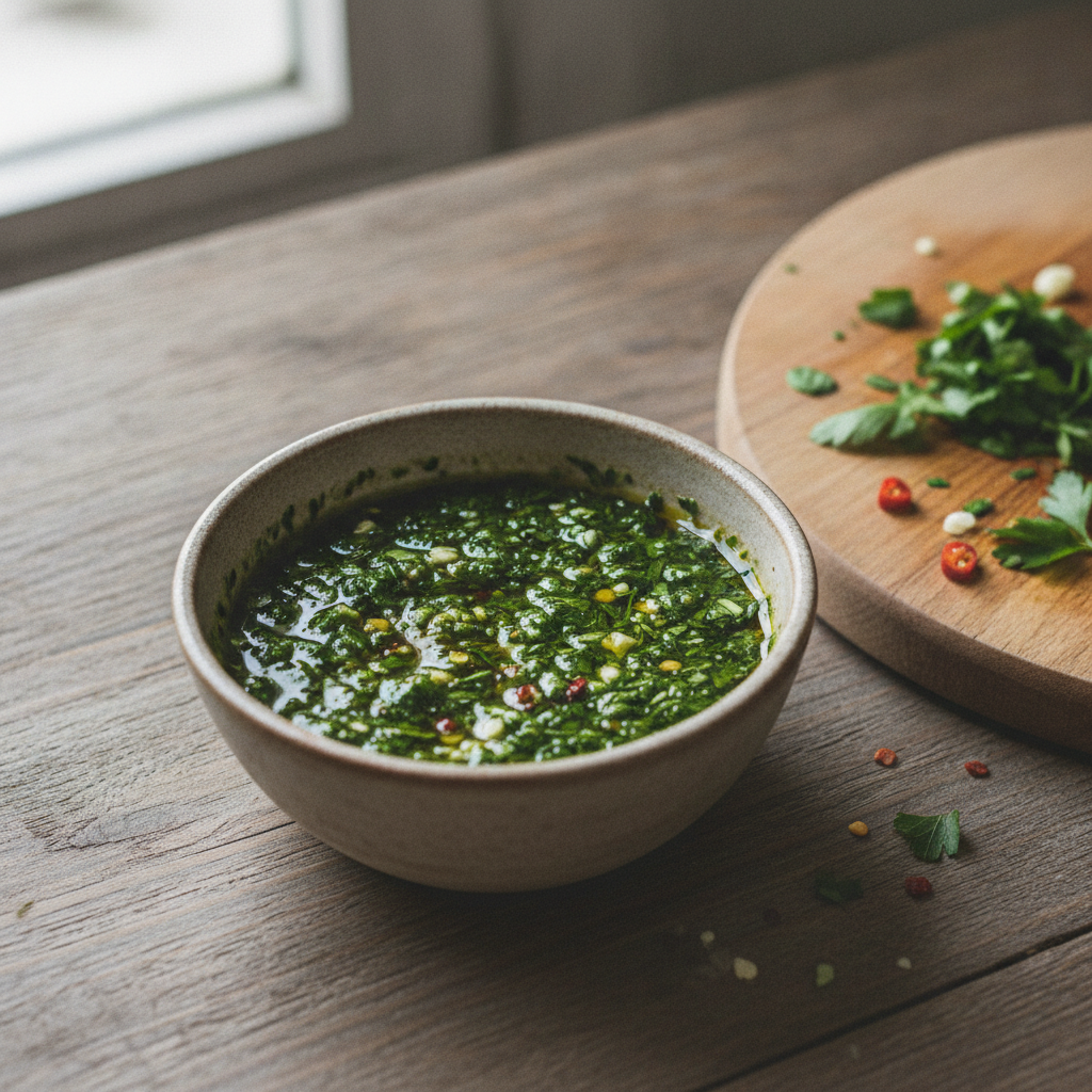 Bol de sauce chimichurri verte au persil, ail et flocons de piment, posé sur une table en bois près d'une planche à découper