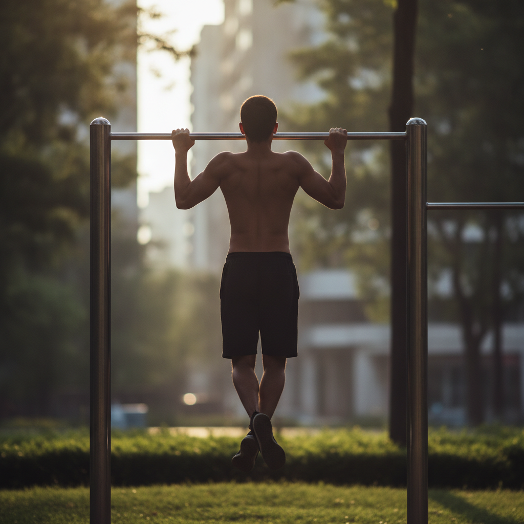 Personne de dos réalisant une traction sur une barre fixe dans un parc urbain au lever du soleil
