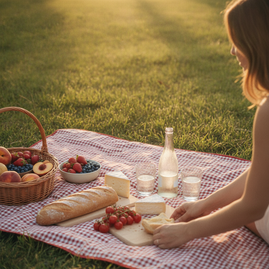 Pique-nique d'été sur une nappe à carreaux dans l'herbe avec pain, fromage, tomates et fruits