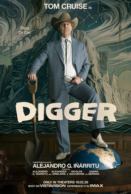 Affiche officielle du film Digger avec Tom Cruise en costume debout sur un globe terrestre, une pelle a la main