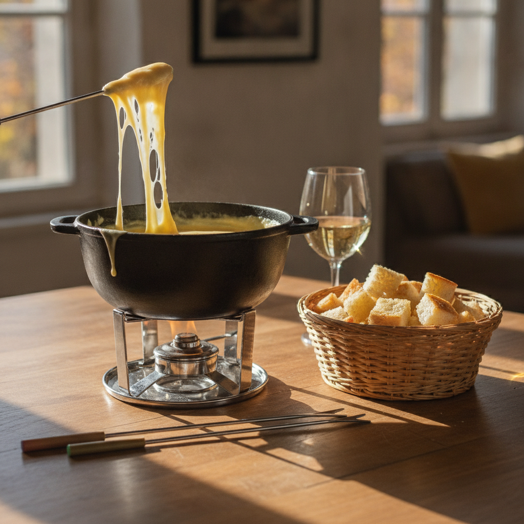 Caquelon de fondue savoyarde au fromage fondu filant, panier de cubes de pain et verre de vin blanc sur une table en bois