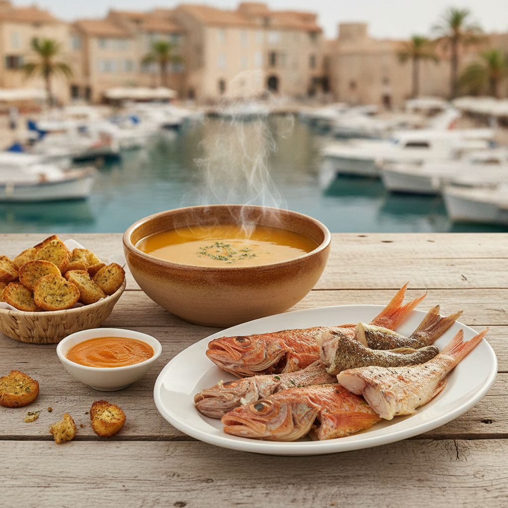 Bouillabaisse marseillaise : bol de soupe de poisson safranée fumante, assiette de poissons de roche entiers, croûtons et rouille, sur une table près du port