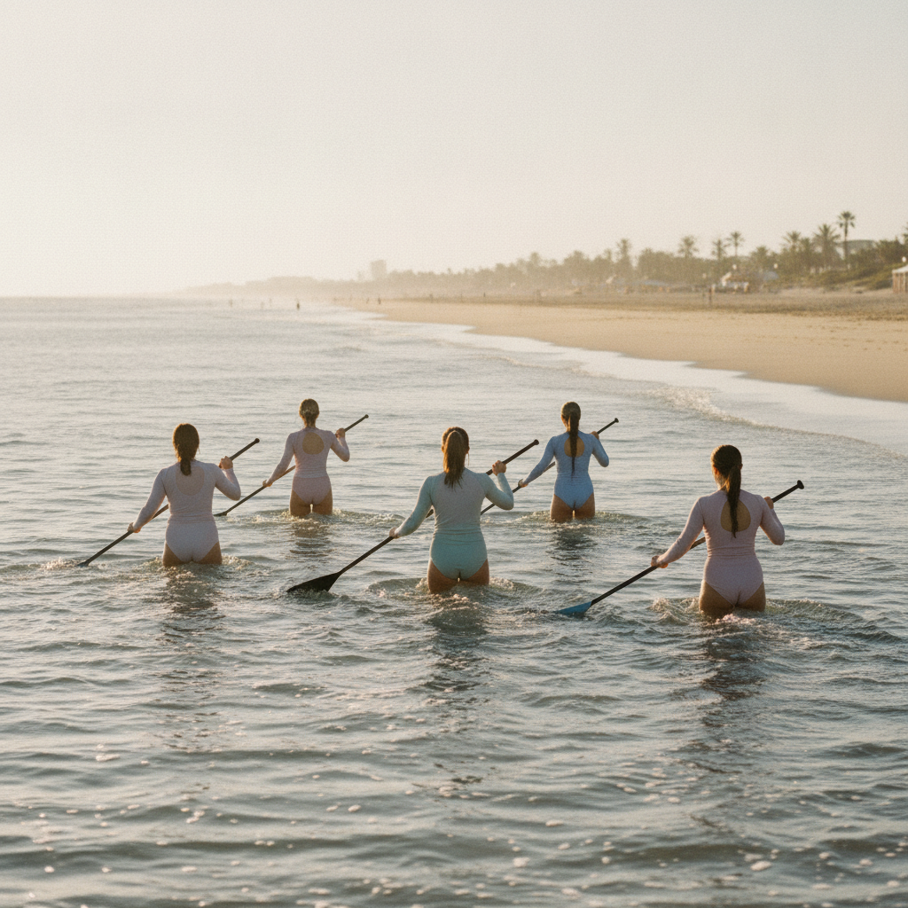 Groupe de personnes marchant dans la mer jusqu'a la poitrine avec des pagaies, seance de longe-cote au coucher du soleil