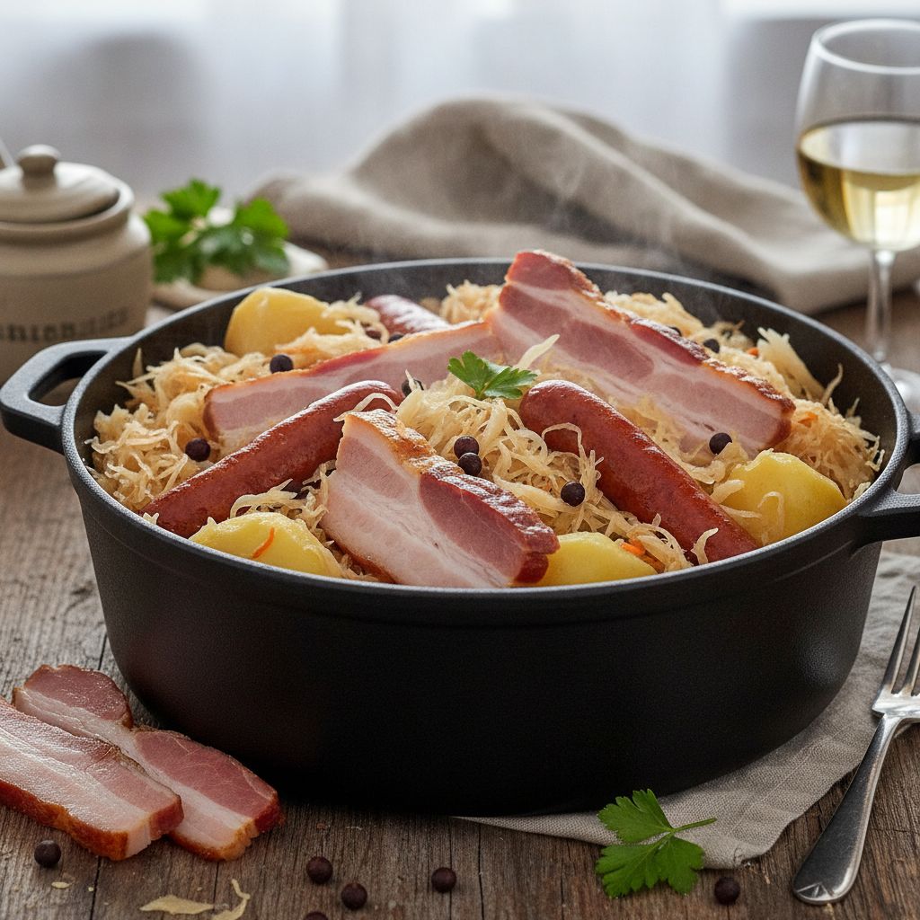 Choucroute garnie alsacienne dans une cocotte en fonte : chou fermenté, lard fumé, saucisses, pommes de terre et baies de genièvre