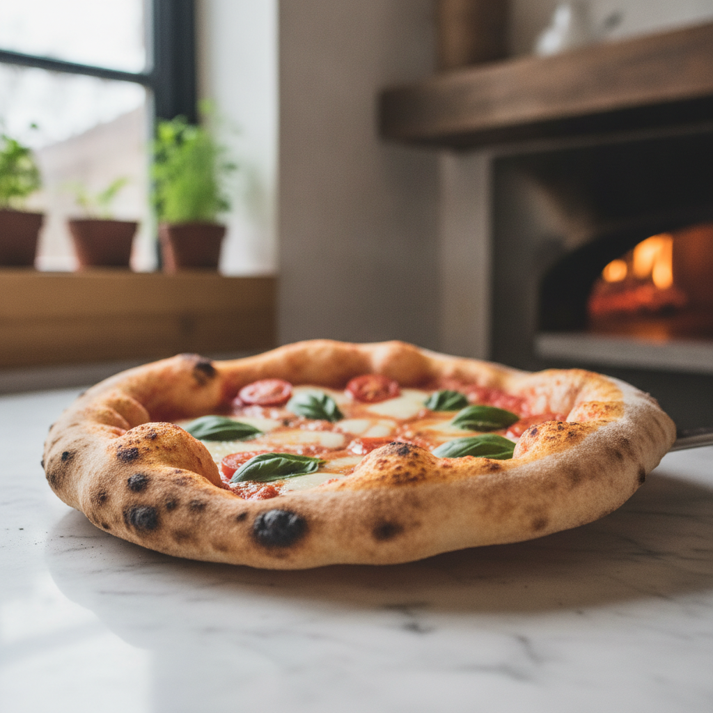 Pizza napolitaine margherita au cornicione gonflé et taché de brun, devant un four à bois